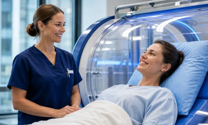 Care team member talking with a smiling patient beside a hyperbaric chamber