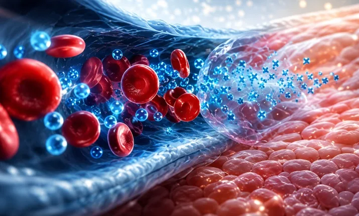 Illustration of oxygen molecules dissolving into the bloodstream alongside red blood cells